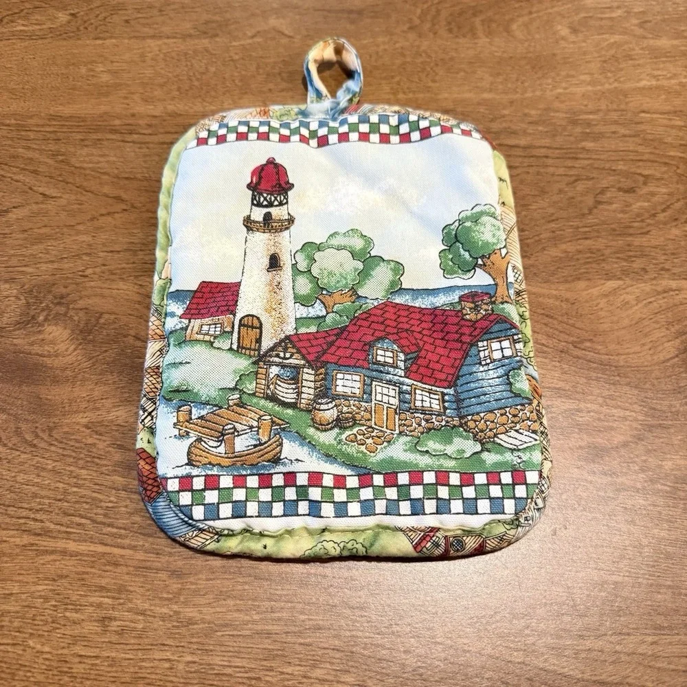 Vintage Lighthouse Pot Holder House Gingham Country Cottage Kitchen 80s